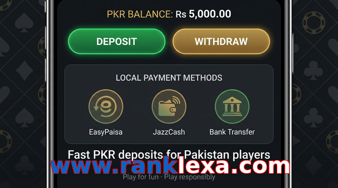 Deposit and withdrawal screen with PKR methods
